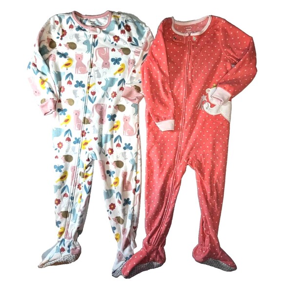 Set of 2 Carters Footed Fleece Pajamas Size 4T Forest Animals and Fairy Bear - Picture 1 of 7